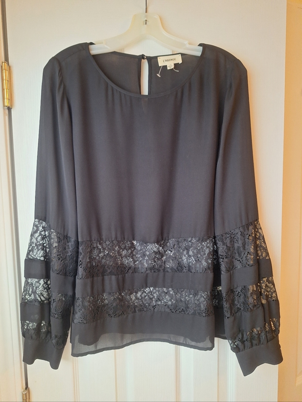 L'AGENCE Black Sheer Lace-Panel Long Sleeve Blouse
